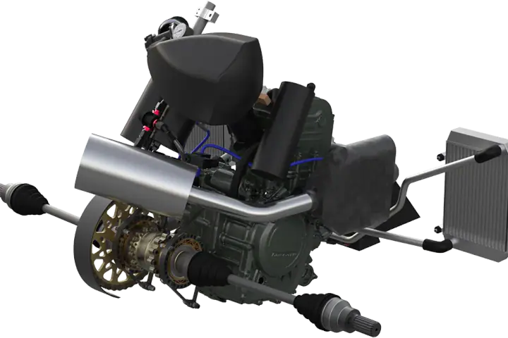 CAD assembly of the Formula SAE powertrain: engine, drivetrain, intake, exhaust, and cooling